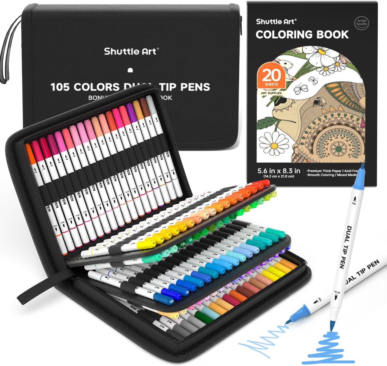 105-Color Dual Tip Brush Marker Set with Portable Case & Bonus Coloring Book – Fine & Brush Tip Water-Based Markers for Adults, Kids, Calligraphy, Journaling, Doodling, and Art